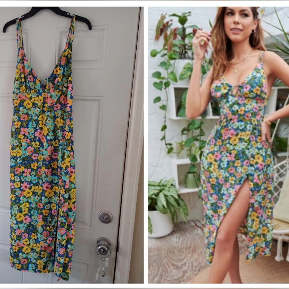 SHEIN Allover Floral Print Shirred Back Split Thigh Slip Dress SZ Large …